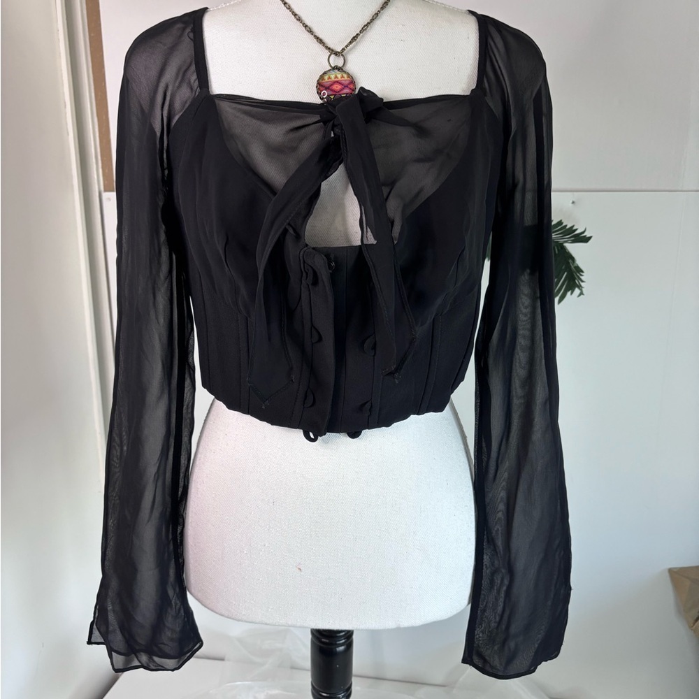 Annie Reva Women’s Sheer Top Lined Acetate Snap Split Sleeve Black Top! Size 8